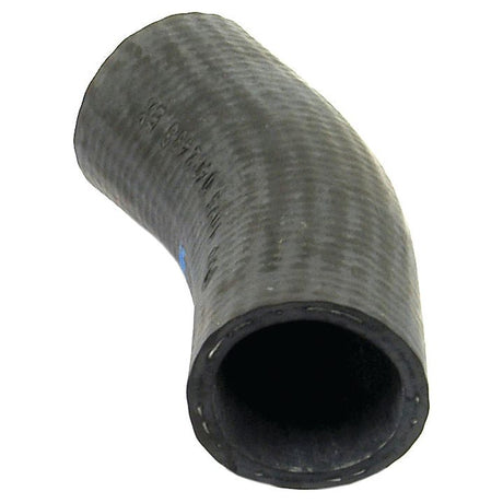 Close-up of the Sparex Top Hose, S.40015, featuring a black rubber construction with a 90-degree bend and secured by a hose clip. The surface has a textured pattern while the interior appears smooth. It's designed for use in systems like the 23C 4 Cyl Diesel Engine, with an inner diameter of 38mm at both ends.