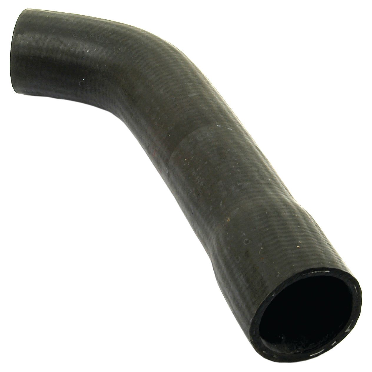 A black rubber hose with a curved design, typically used for automotive or industrial applications, and perfectly suited for use with Massey Ferguson equipment. This is the Sparex Top Hose (Part No. S.40018), featuring an inner diameter of 37.5mm on both ends.