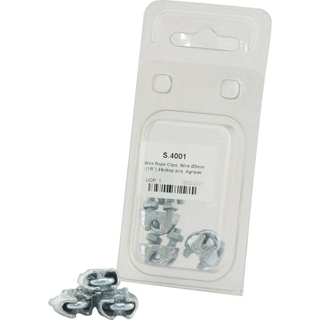 A package of four Wire Rope Clips for Wire Ø3mm (1/8'') by Sparex, neatly enclosed in a plastic blister pack, with four additional clips outside the package. Product labeled as Sparex Part No. S.4001.