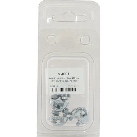 A sealed package labeled "Wire Rope Clips, Wire Ø3mm (1/8'') 4 pcs. Agripak | Sparex Part No.S.4001" contains a set of Sparex wire rope clips.