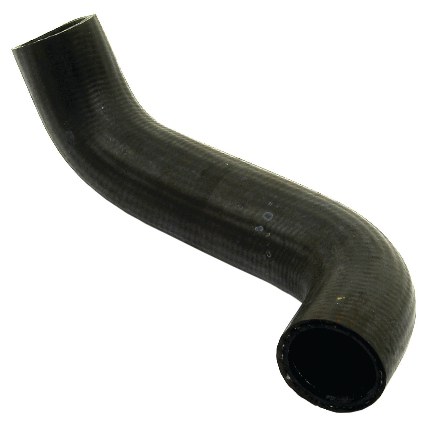 A black, curved rubber Top Hose with a smooth surface and inner diameters of 35.5mm at the smaller end and 37.5mm at the larger end, designed for mechanical or automotive applications. This hose is compatible with Massey Ferguson machinery and is ideal for securing with a Hose clip. (Sparex Part No. S.40020)