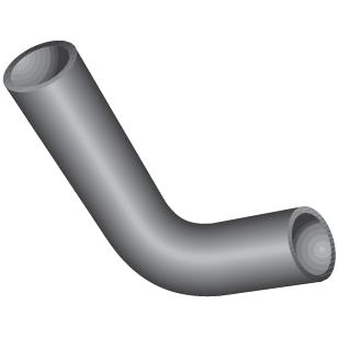 A 3D rendering of a metallic, bent cylindrical pipe with open ends, featuring the distinctive design elements found in Massey Ferguson machinery. Product Name: Bottom Hose, Inner Ø of Hose Smaller End: 38mm, Inner Ø of Hose Bigger End: 38mm | Sparex Part No.S.40023