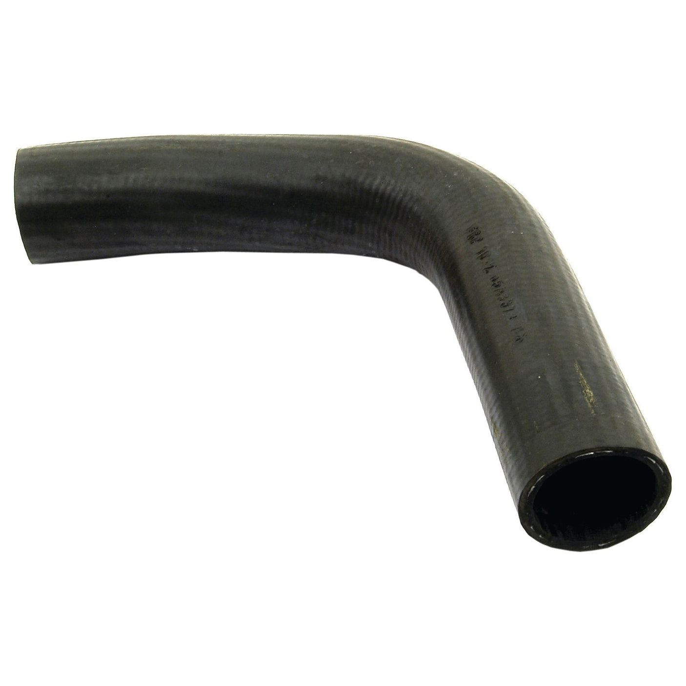 A black, L-shaped rubber hose with a smooth surface, suitable for Massey Ferguson models. Product Name: Bottom Hose; Inner Ø of Hose Smaller End: 38mm; Inner Ø of Hose Bigger End: 38mm | Sparex Part No.S.40027 by Sparex.