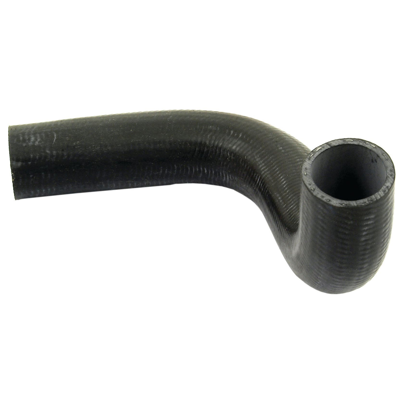 A Sparex S.40029 bottom hose with an inner diameter of 38mm on both ends, bent at a 90-degree angle, and secured with a sturdy hose clip.