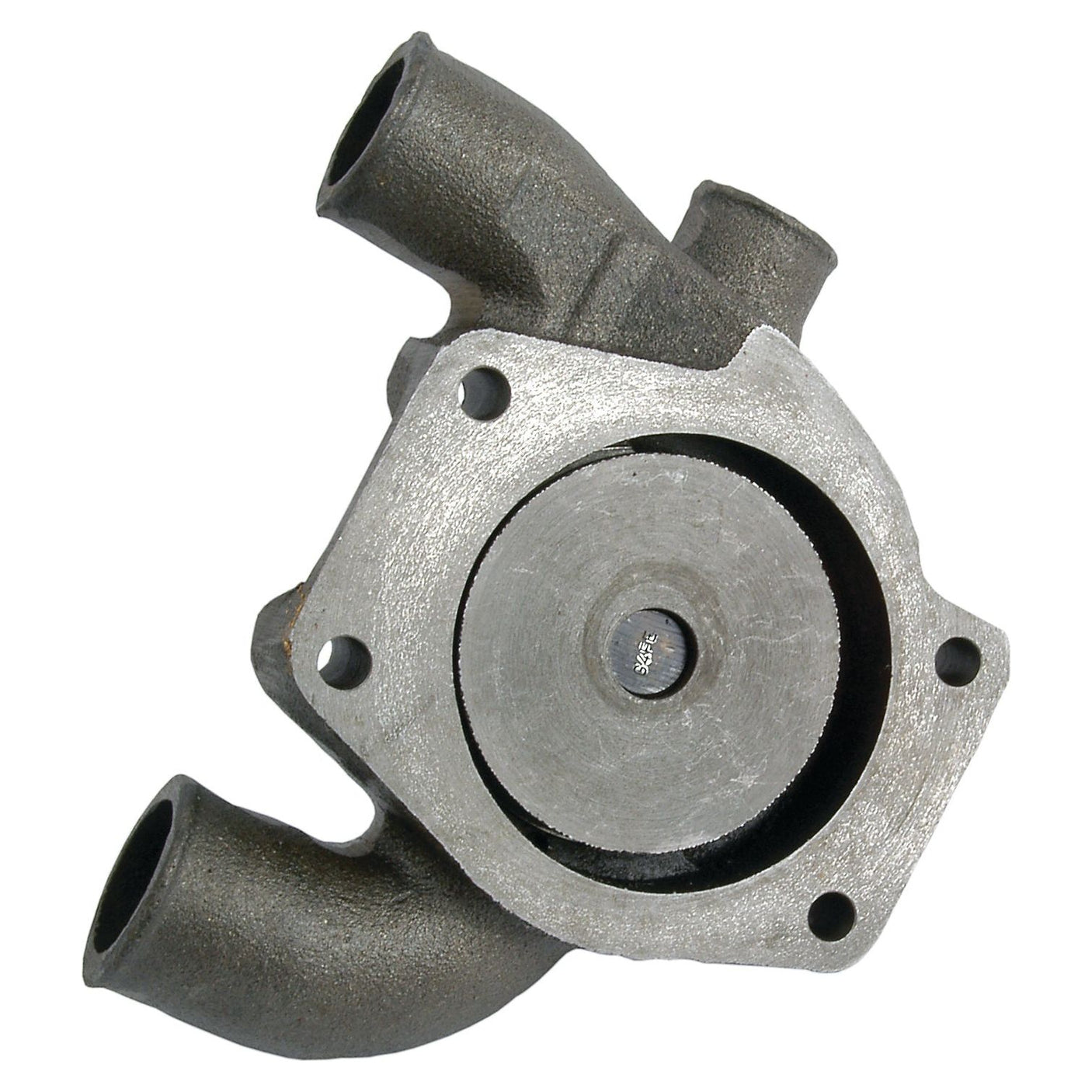 The Sparex Water Pump Assembly (Part No. S.40035) features a sturdy metal construction with an impeller and several ports designed for optimal coolant flow, making it a key component of the vehicle's cooling system. Compatible with a V-style pulley, this water pump may be included in the Perkins Build List for certain vehicle models.