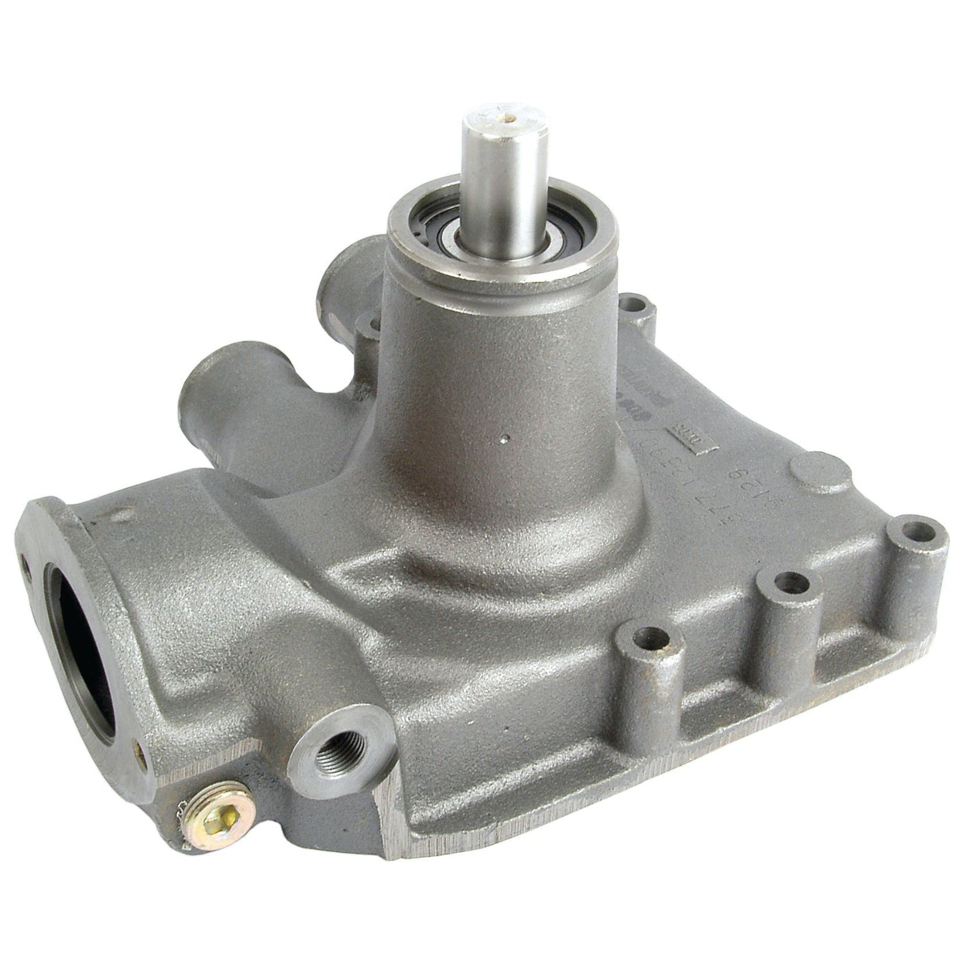 A Water Pump Assembly, Sparex Part No. S.40039, by Sparex; a metal automotive component with multiple openings and a cylindrical shaft extending from the top, compatible with Perkins A4.318 engines.