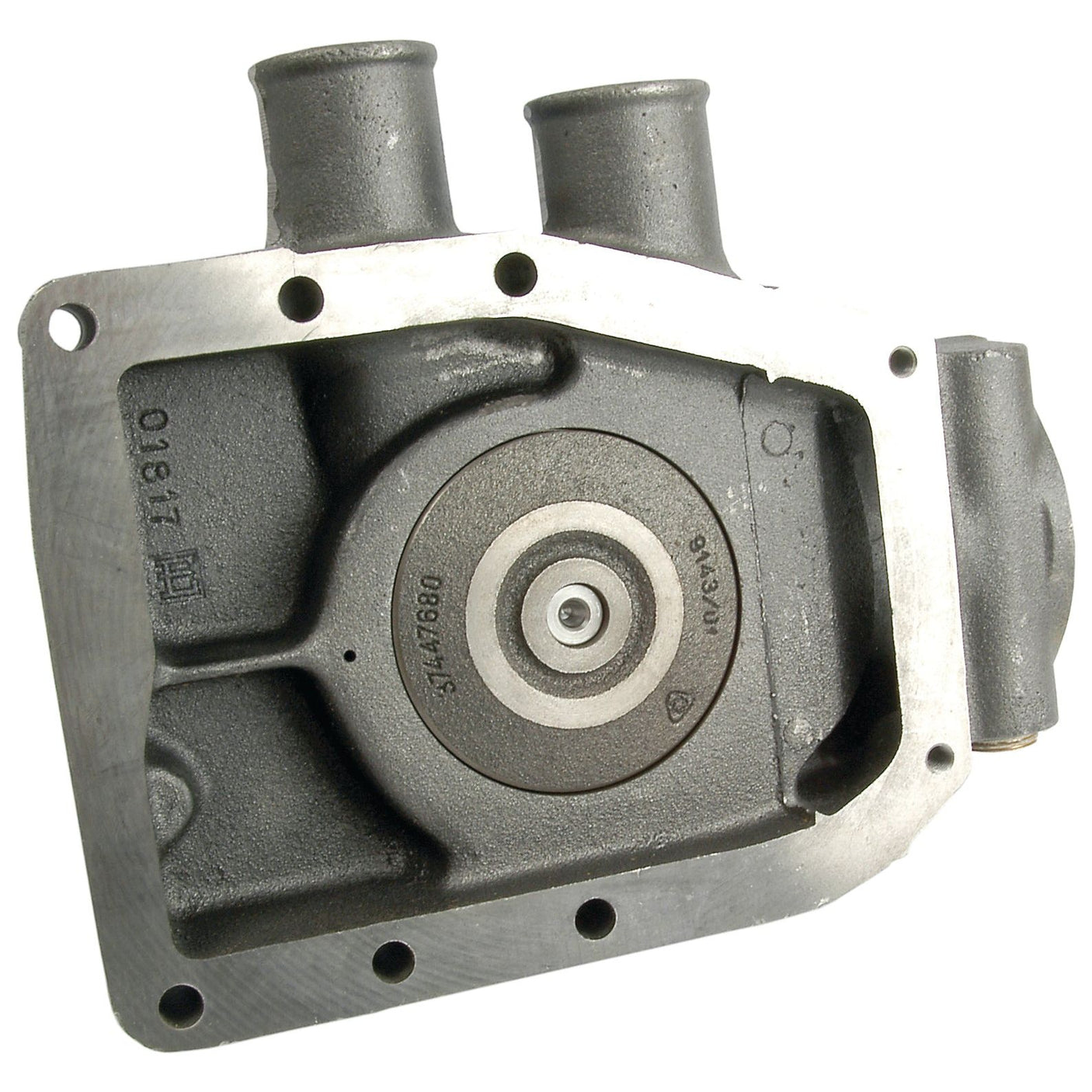 Close-up view of the Water Pump Assembly (Sparex Part No. S.40039) by Sparex, specially designed for a Perkins A4.318 engine, featuring multiple inlet/outlet ports and a central circular metal piece. The gray unit shows visible bolts and casting marks, embodying robust engineering.