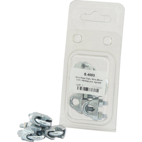 A package from Sparex containing four Wire Rope Clips, Wire Ø6mm (1/4''), with three removed and placed in front. The label specifies the size as 1/4'' (Wire Ø6mm). The product is listed under Sparex Part No.S.4003 and comes in Agripak packaging.