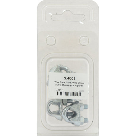 Package of Wire Rope Clips, labeled as Sparex Part No. S.4003, with a wire diameter of 6mm (1/4"), containing 4 pieces in an Agripak transparent plastic bag with product details on a white label.