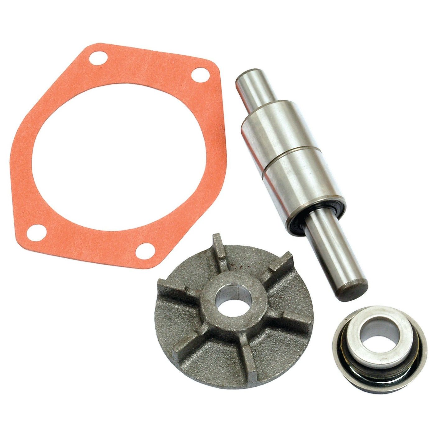 Assorted mechanical parts including a gasket, a shaft assembly, a metal rod, and a gray fan-like component are all essential items in the Sparex Water Pump Repair Kit (Part No. S.40045), suitable for Landini and Perkins build lists.