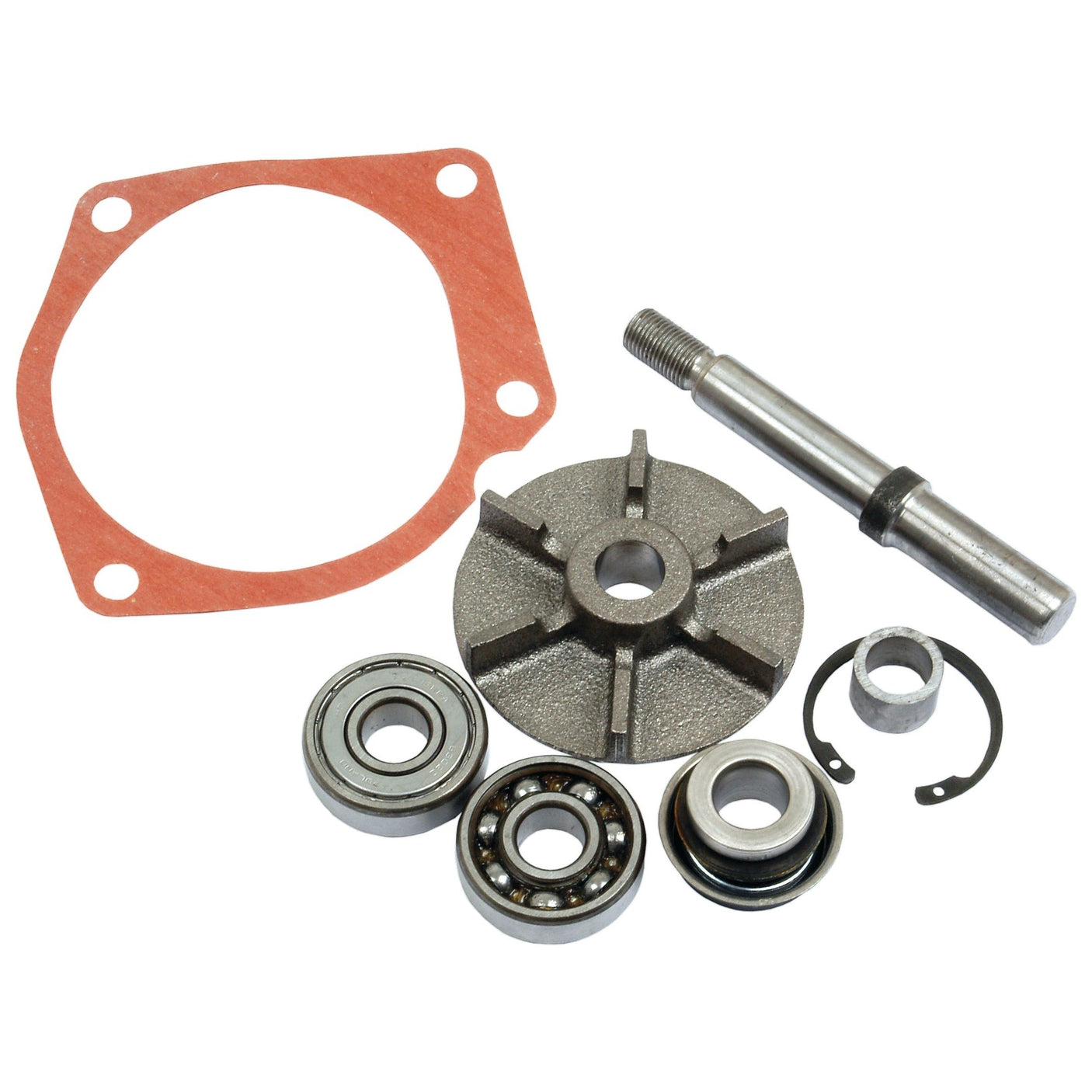 Set of mechanical components including a gasket, shaft, bearings, a circular metal part with radial extensions, and various small metal rings. Ideal for use in the Water Pump Repair Kit by Sparex (Part No.S.40046) or compatible with Massey Ferguson and Perkins models.