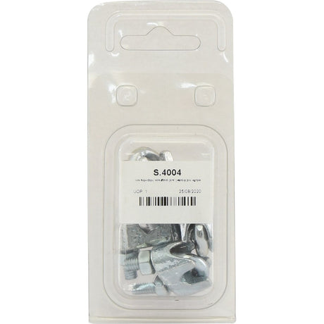 The image shows a sealed clear plastic package from Sparex, specifically containing Wire Rope Clips for Wire Ø8mm (5/16''), with 4 pieces inside. The label on the package displays "S.4004" along with other small text.