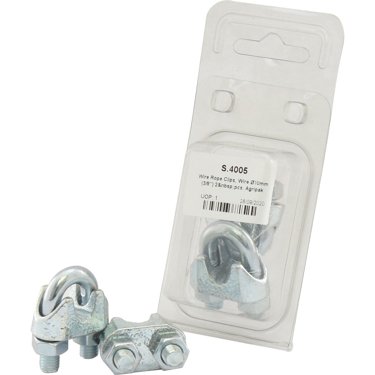 Two wire rope clips, one outside and one inside transparent packaging labeled Sparex Part No. S.4005, designed for 10mm wire. Ideal for use in a variety of applications including Water Pump Repair Kits for Massey Ferguson tractors under the brand Sparex.