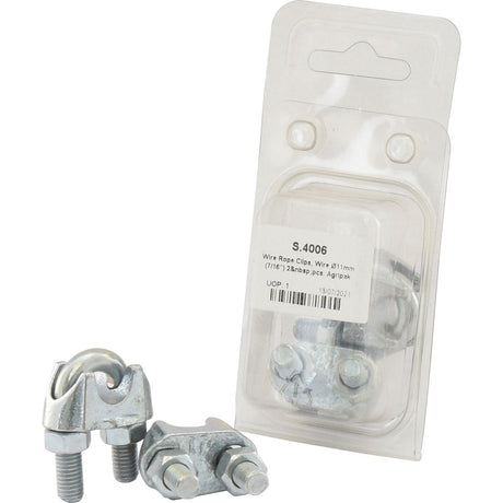 Image of two Sparex wire rope clips next to a plastic package containing additional 3/8 inch (10mm) wire rope clips. The plastic package has a label with product information, including the specification "Wire Ø10mm" and reads "Wire Rope Clips, Wire Ø10mm (3/8'') 2 pcs. Agripak | Sparex Part No.S.4006.