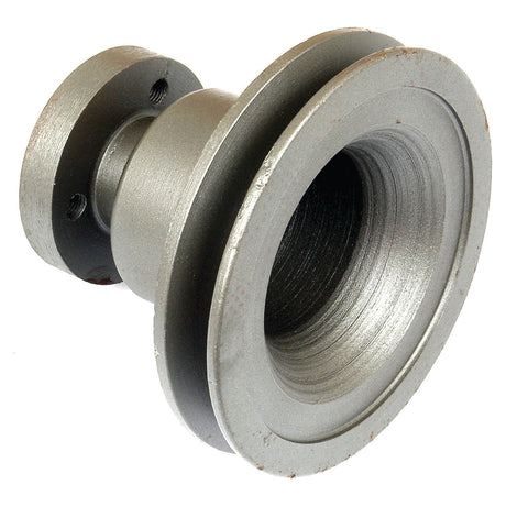 Grey metal pulley wheel with a grooved edge and a smaller circular attachment featuring two holes, compatible with Sparex Wire Rope Clips for 1/2'' wire Ø13mm (Sparex Part No. S.40072).