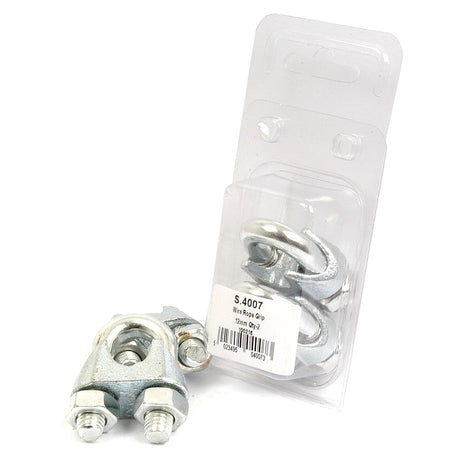 Two metallic Wire Rope Clips are shown; one is out of the packaging, revealing its robust construction and perfect fit for Wire Ø11mm (7/16") cables, while the other remains in a clear plastic box branded with Agripak by Sparex. The product is labeled as "Wire Rope Clips, Wire Ø11mm (7/16'') 2 pcs." under Sparex Part No.S.4007.