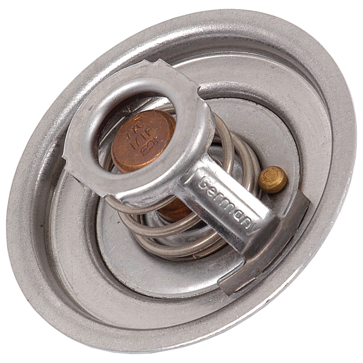 A Sparex Thermostat (Part No. S.40086) featuring a coiled spring and copper valve component on a circular base.