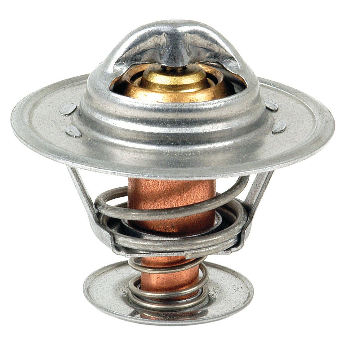 Close-up image of the Sparex Thermostat (Sparex Part No. S.40087), showcasing its metallic construction with visible copper and steel components, including a spring and valve mechanism. Ideal for Perkins engines, this thermostat ensures optimal performance across a wide temperature range.
