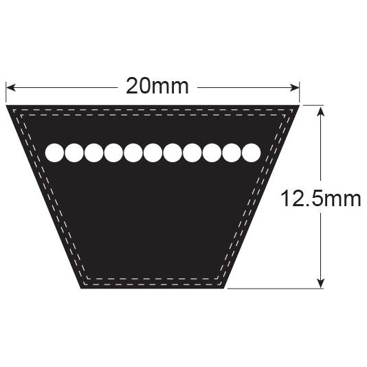 A black trapezoid, resembling a Sparex Drive Belt (20 Section, Belt No. 20 x 975, Sparex Part No. S.40088), with dimensions of 20mm at the top and 12.5mm on the right side, features a row of small white circles near the top edge.