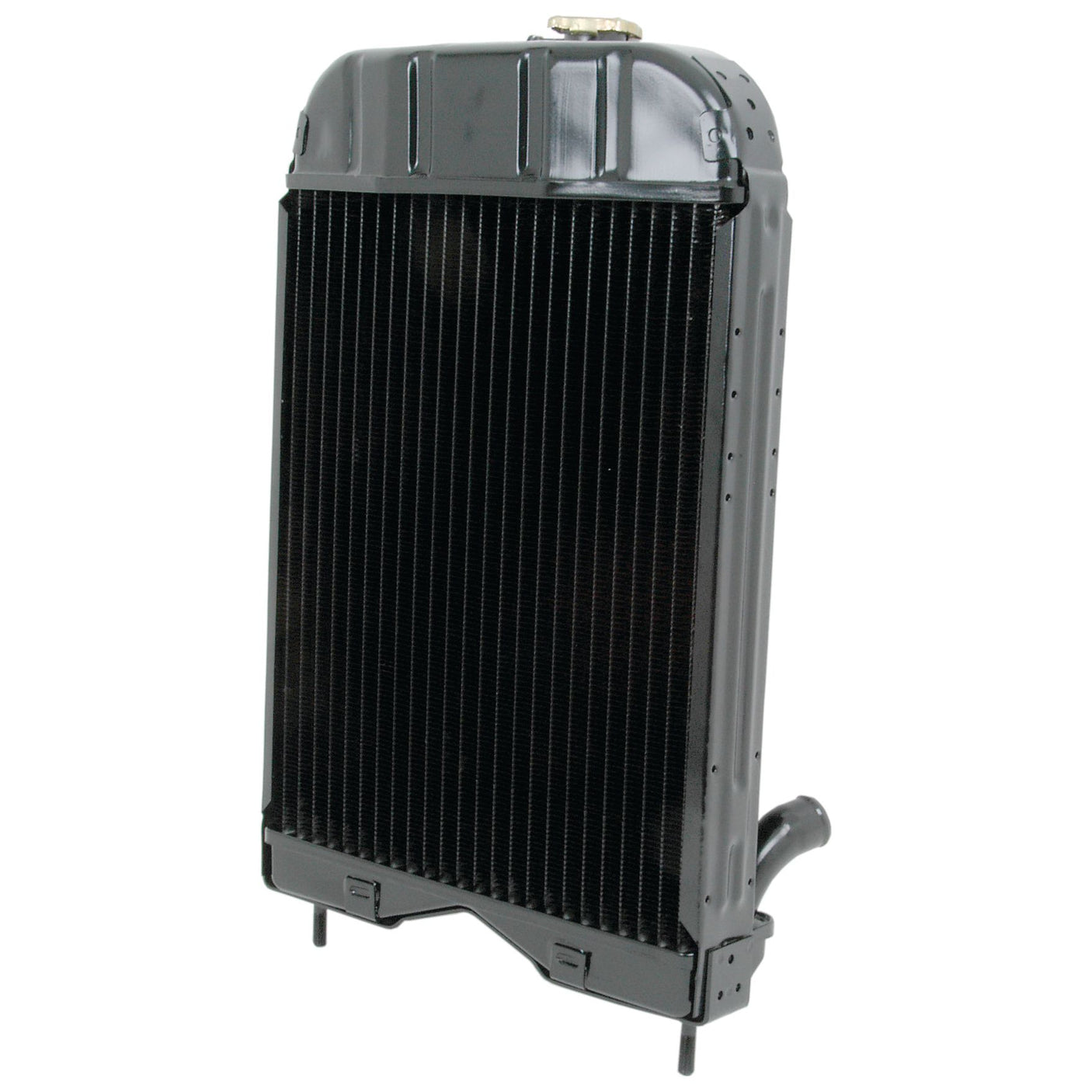 Image of the Sparex Radiator - S.40095, a black automotive radiator featuring a cap on top, vertical fins, and inlet/outlet ports on the sides.