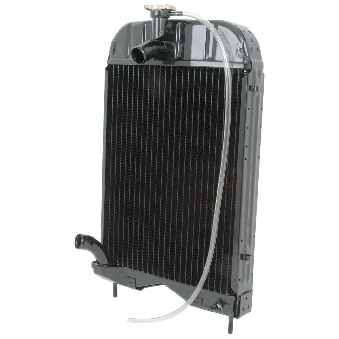 A vertical black Radiator - S.40095 from Sparex, featuring a radiator cap on top and a clear hose attached, is designed for engine cooling.