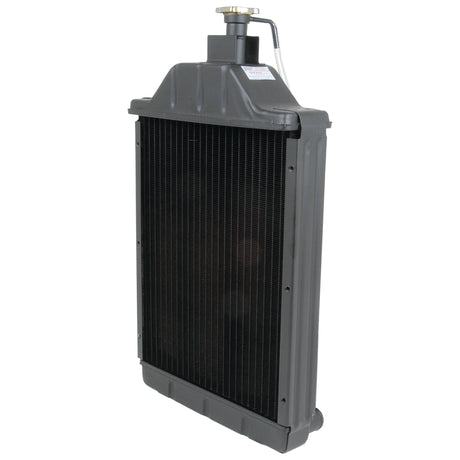 The Radiator - S.40096, a high-quality product from Sparex, is a black and gray automotive radiator with a metallic cap and upper handle, designed for optimal performance when positioned vertically.