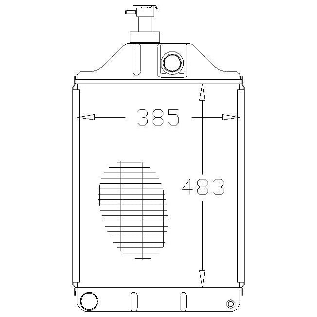 Technical drawing of a rectangular container, resembling the Sparex Radiator - S.40096, with dimensions labeled as 385 mm wide and 483 mm high. The container has a small spout at the top and ports at both the top and bottom.
