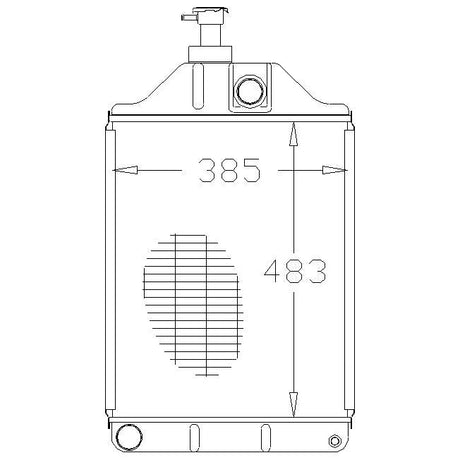 Technical drawing of a rectangular container, resembling the Sparex Radiator - S.40096, with dimensions labeled as 385 mm wide and 483 mm high. The container has a small spout at the top and ports at both the top and bottom.
