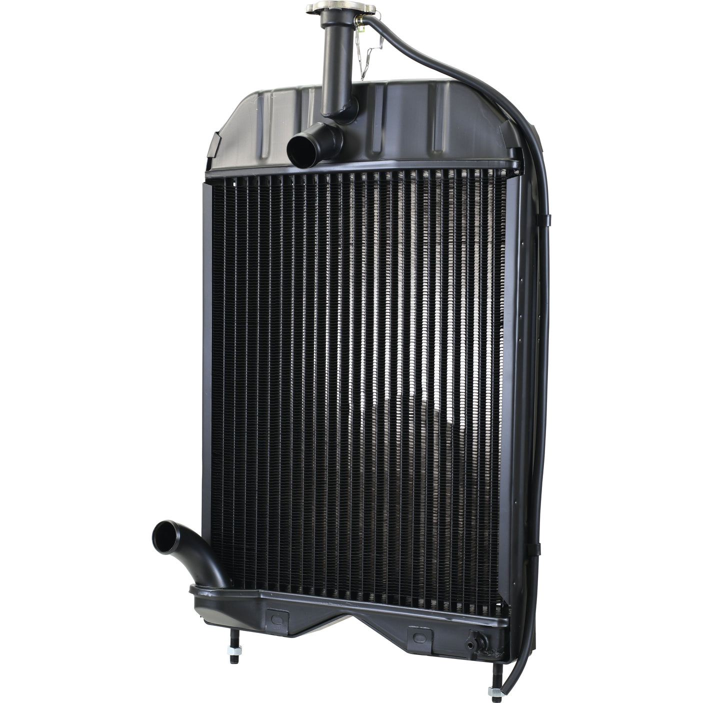 A Sparex Radiator - S.40097 in black, featuring visible cooling fins and 38mm inlet and outlet pipes, displayed on a white background.