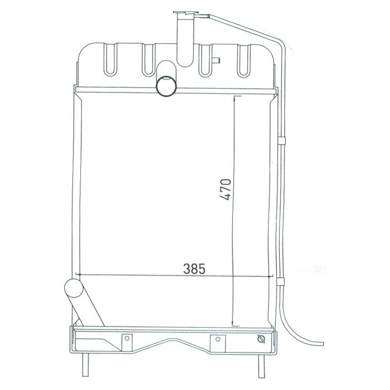 Technical drawing of the Radiator - S.40097 from Sparex with dimensions labeled 470 and 385. It features three inlet/outlet pipes, one marked as Inlet 38mm, and a connecting hose on the right side.