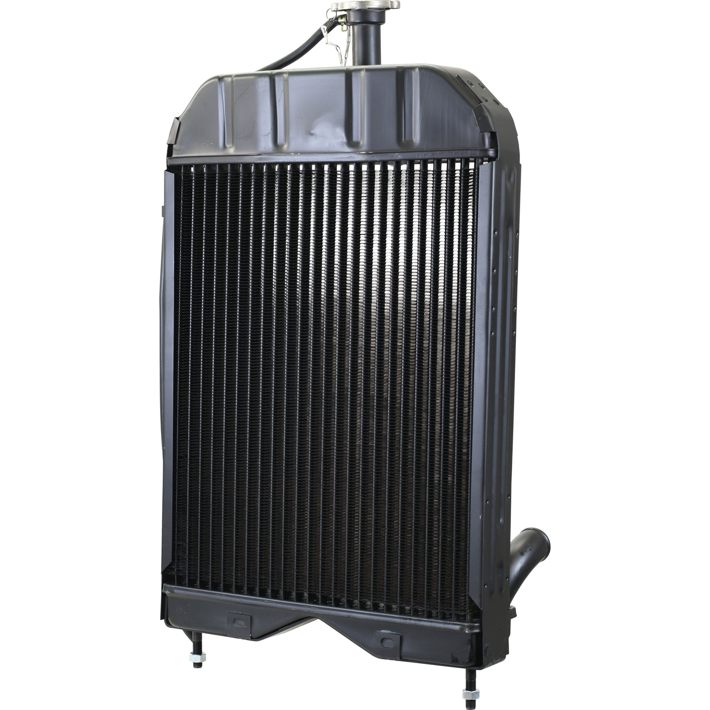 The Sparex Radiator - S.40097 is a black automotive radiator equipped with cooling fins and 38mm inlet hose connections, featuring a top cap design for efficient engine cooling.