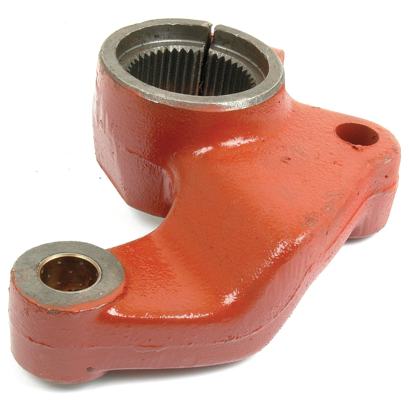 A red-painted metal Steering Shaft Bracket (Sparex Part No. S.40122) with a ridged circular opening and a smaller round hole on its arm, ideal for use in Massey Ferguson tractors with Hydrostatic Steering Systems.