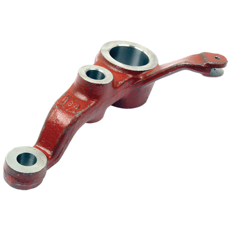 A red metal Sparex Steering Arm (2WD) featuring cylindrical openings, designed for linking suspension components, isolated on a white background, reminiscent of the robust design found in Massey Ferguson equipment.