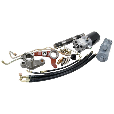 Assorted mechanical components including hoses, metal brackets, fittings, cylindrical devices, and various connectors arranged on a white background—a perfect assortment for the Sparex Power Steering Conversion Kit - A4.212 Only (Part No. S.40129) for Massey Ferguson tractors.