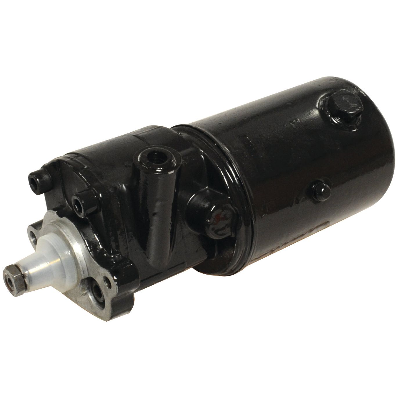 A black mechanical part, specifically a Power Steering Hydraulic Pump (Sparex Part No. S.40155), with a cylindrical body and various connectors and fittings, designed to integrate seamlessly with Massey Ferguson machinery.