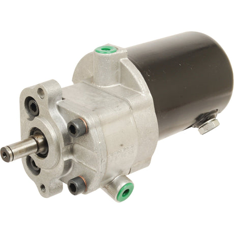 A silver and black electric motor, featuring multiple mounting points and a protruding shaft, similar in design to the Sparex Power Steering Hydraulic Pump (Part No. S.40157) for Massey Ferguson tractors, viewed at an angle against a white background.