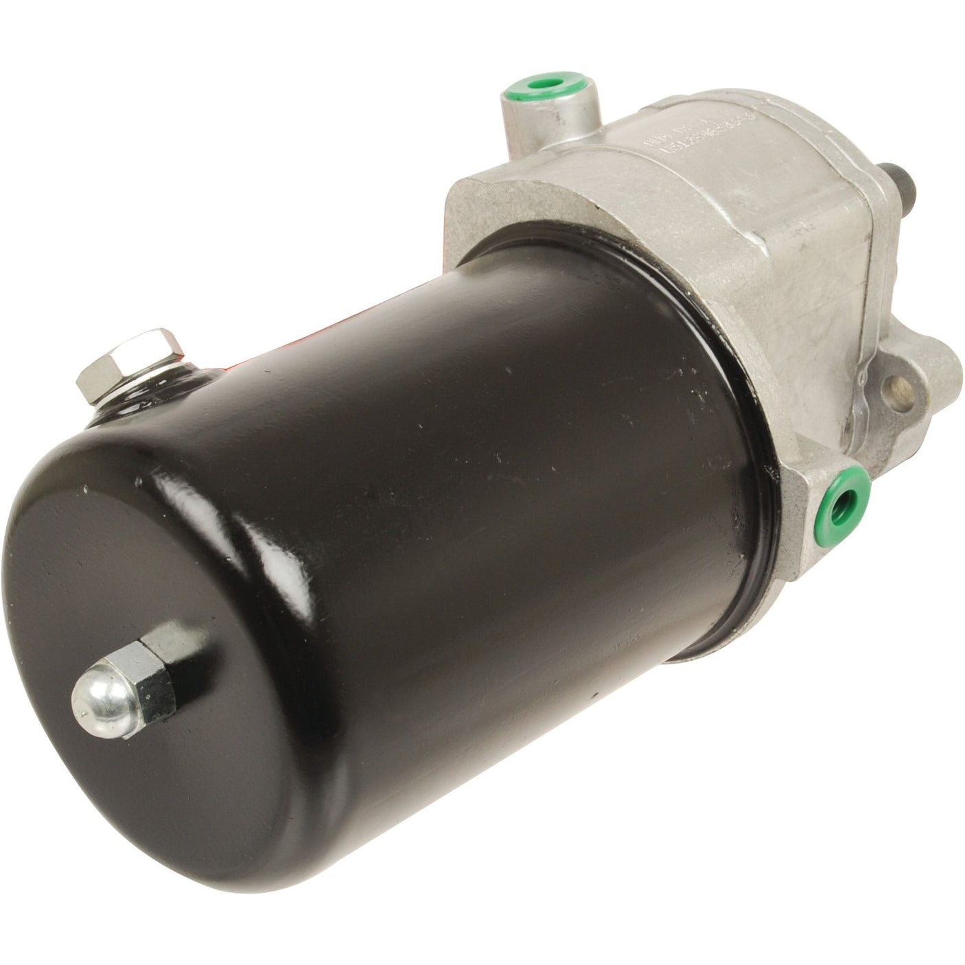 A Sparex Power Steering Hydraulic Pump (Part No. S.40157) by Massey Ferguson, featuring a silver metallic top and cylindrical black body, complemented with green and silver fittings.