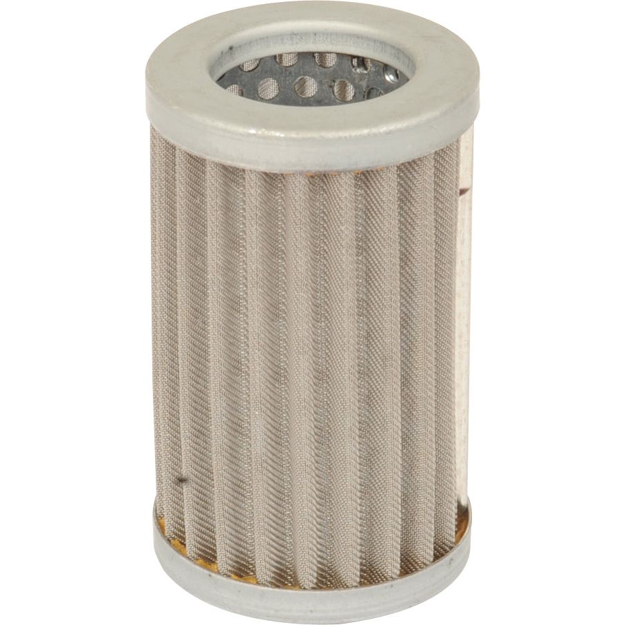 A cylindrical, metal oil filter known as the Power Steering Filter - Element (Sparex Part No. S.40158) by Sparex, featuring a silver top and base with a beige pleated filtration material, perfect for Massey Ferguson tractors.