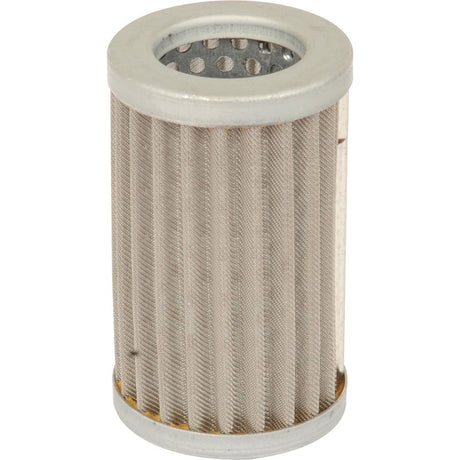 A cylindrical, metal oil filter known as the Power Steering Filter - Element (Sparex Part No. S.40158) by Sparex, featuring a silver top and base with a beige pleated filtration material, perfect for Massey Ferguson tractors.