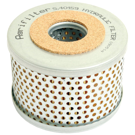 A cylindrical metal hydraulic filter with perforated holes and a cork ring on top, labeled as "Power Steering Filter - Element, Sparex Part No. S.40159," ideal for Massey Ferguson power steering systems.