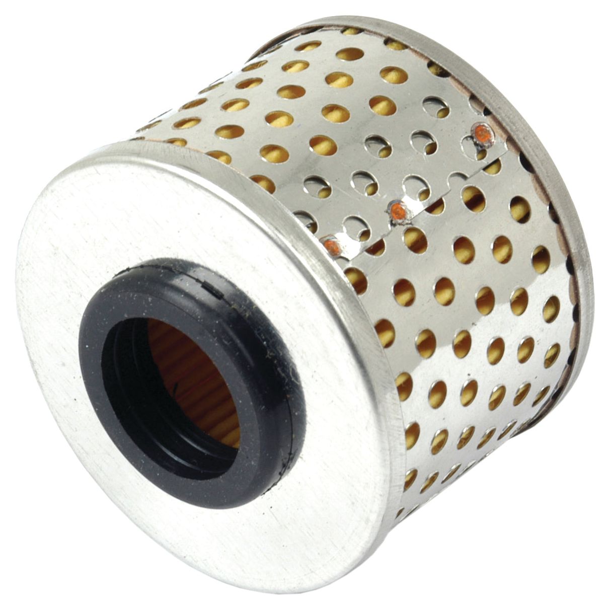 A cylindrical metallic filter with perforations and a black central opening, ideal as the Sparex Power Steering Filter - Element (Sparex Part No. S.40160) for vehicles like the Massey Ferguson 135.