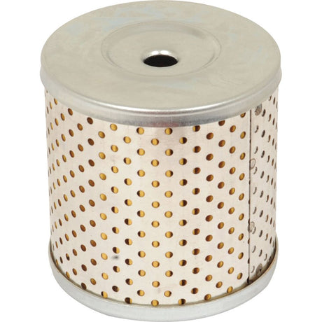 A Sparex Power Steering Filter - Element (Sparex Part No. S.40161) featuring a cylindrical metal design with perforated holes and metal top and bottom is shown on a white background, ideal for use in Massey Ferguson tractors.