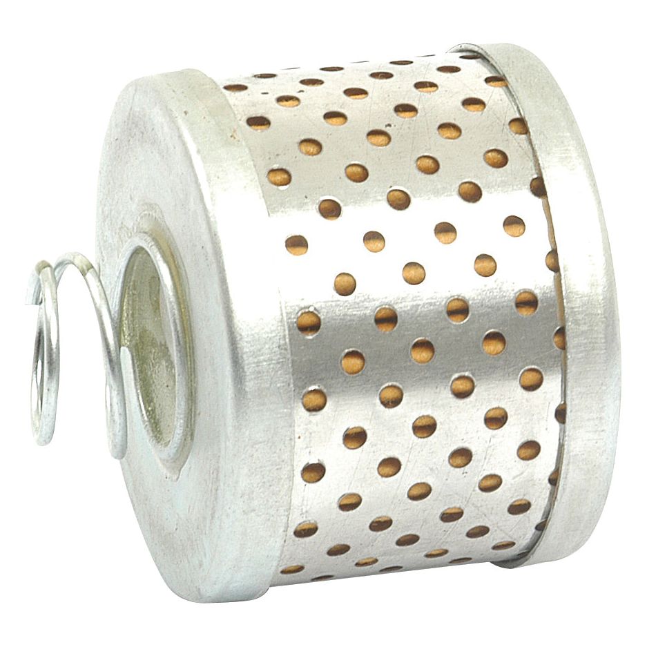 The Power Steering Filter - Element (Sparex Part No. S.40162) by Sparex is a cylindrical metal oil filter with perforated holes and a coil spring attached on one side, designed for efficient use in Massey Ferguson power steering systems.