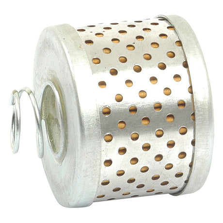 The Power Steering Filter - Element (Sparex Part No. S.40162) by Sparex is a cylindrical metal oil filter with perforated holes and a coil spring attached on one side, designed for efficient use in Massey Ferguson power steering systems.