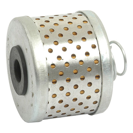 Cylindrical metal filter with perforated holes and a small handle on the side, ideal for use as a Sparex Power Steering Filter Element (Part No. S.40162) for Massey Ferguson.