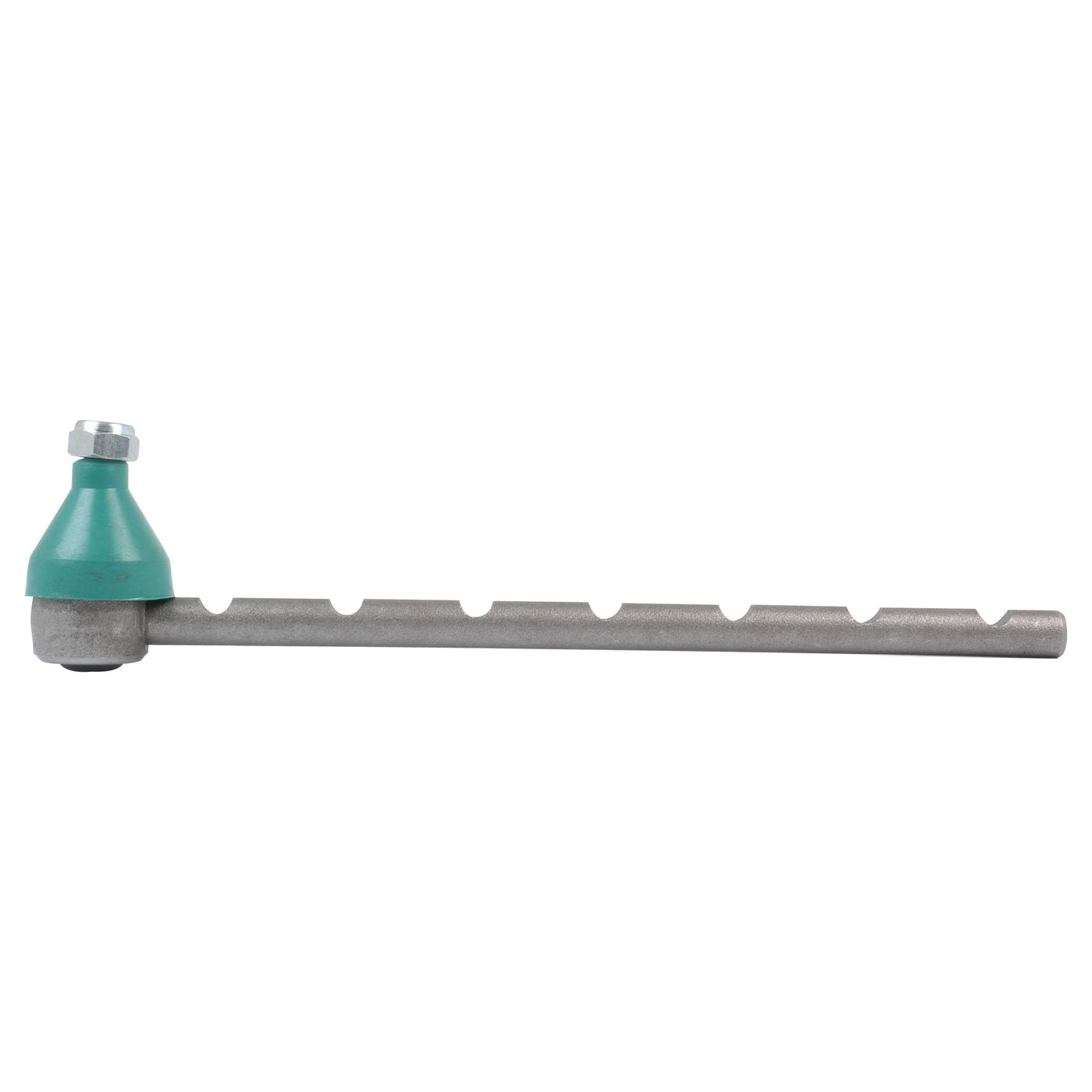 Sparex Track Rod - S.40176, featuring a green plastic cap, notched cylindrical rod, and adjustable 385mm thread length attached to a bolt-fitting.