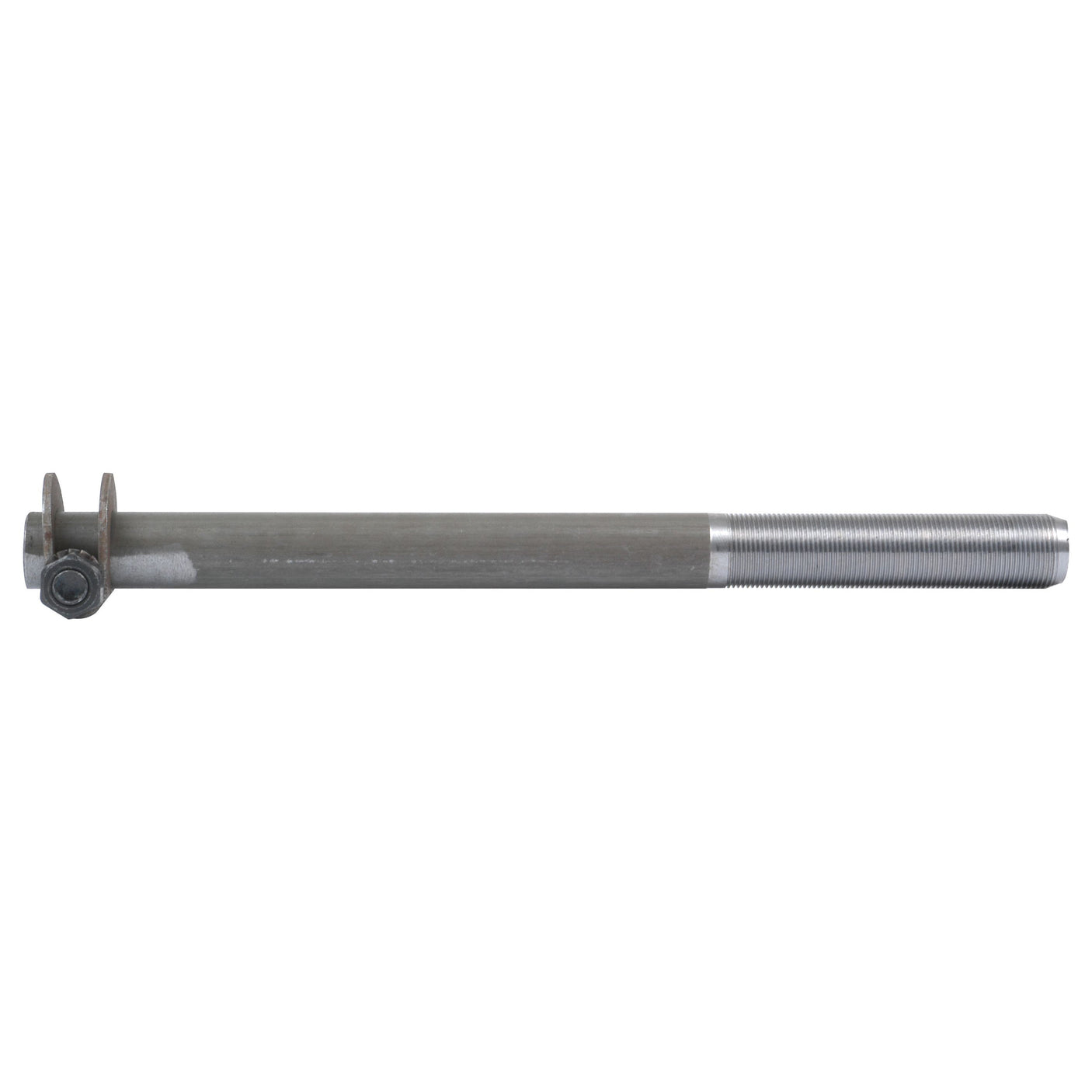 The Track Rod Tube (Sparex Part No. S.40184) by Sparex is a metal cylindrical rod featuring threading on one end and a flat, bracket-like structure with a bolt on the other, designed specifically for Massey Ferguson models.