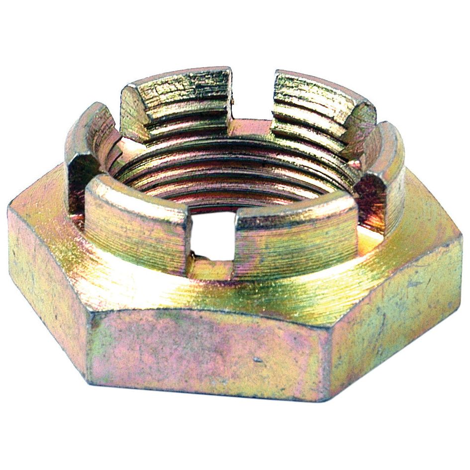 A zinc-plated, Grade 8 hexagonal castle nut with vertical slots extending from the circular center, size 1 1/4" UNF (Din 935), used to secure bolts and prevent loosening. Compatible with Massey Ferguson. Branded under Sparex as Part No. S.40214 with a tensile strength of 8.8.