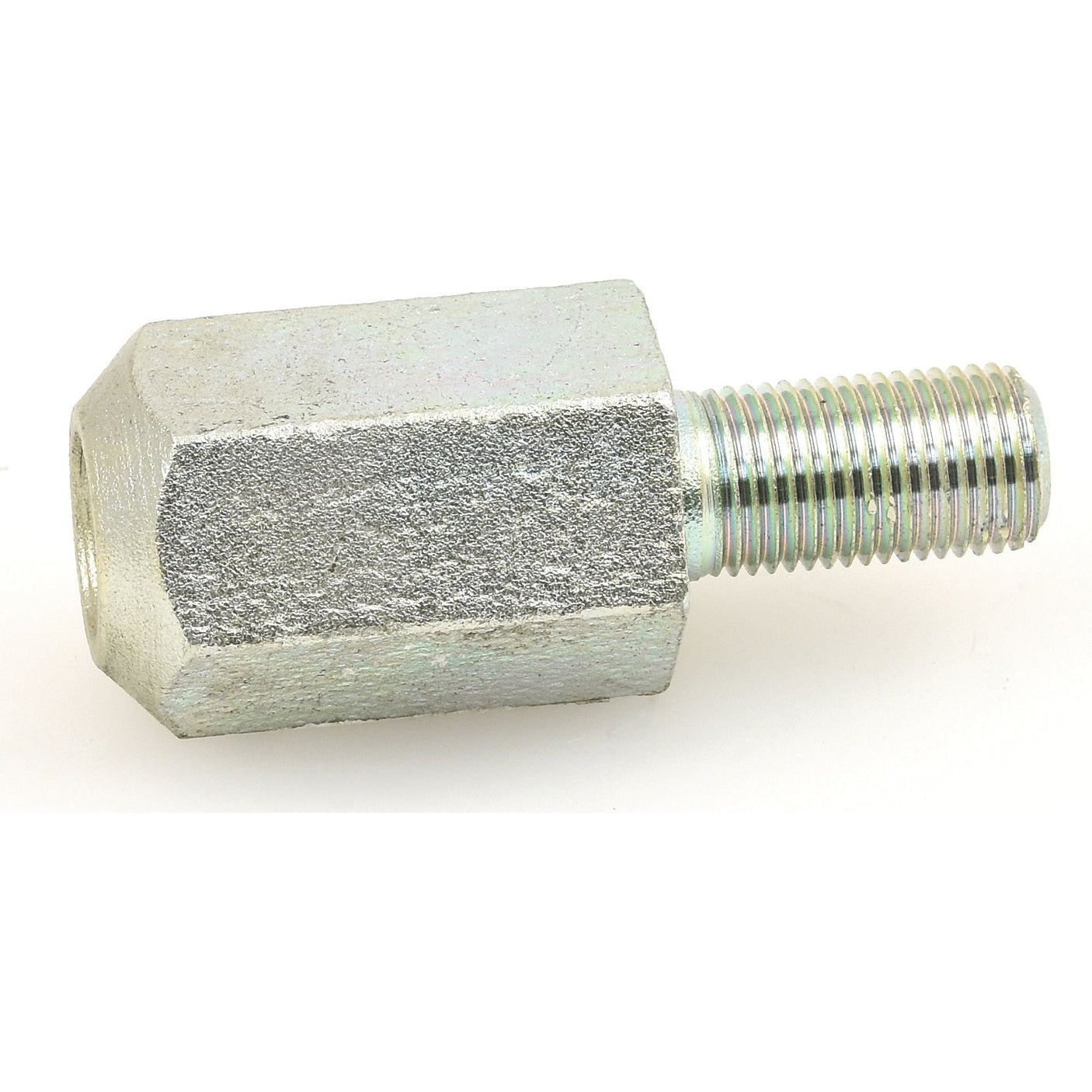 The Dual Wheel Adaptor 9/16" x 9/16" UNF, Sparex Part No. S.40241, is a metal hexagonal spacer with one threaded end and one flat end, commonly used for spacing or securing components.