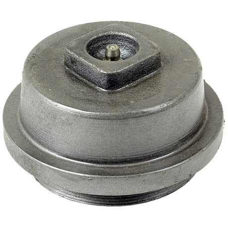 The Hub Cap from Sparex (Part No. S.40247) is a metal oil filter cap with a hexagonal fitting and a central, round protrusion for secure attachment, making it perfect for vintage Massey Ferguson tractors.